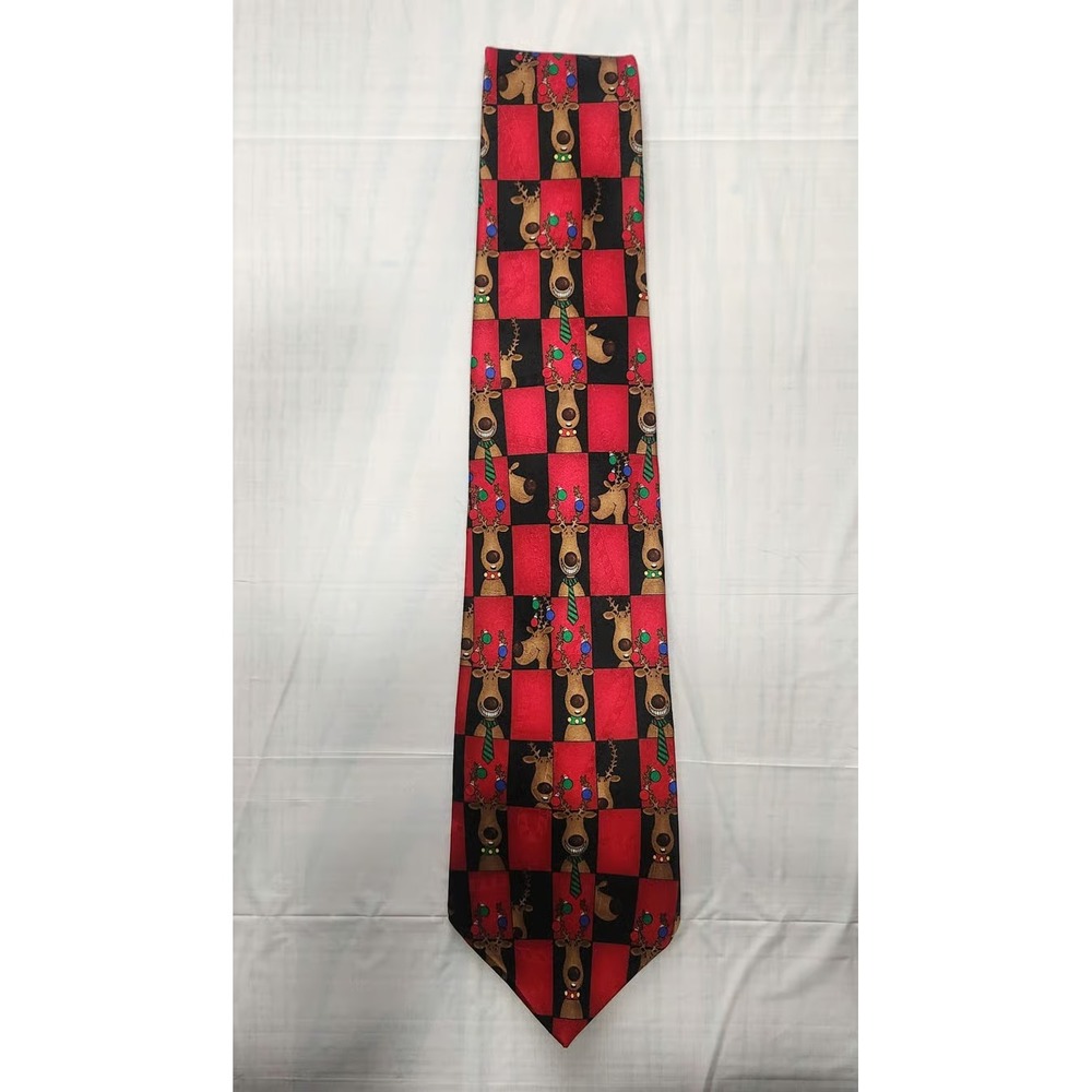 Hallmark Yule Tie Greetings Mens Christmas Reindeer Red Black Checkerboard Tie